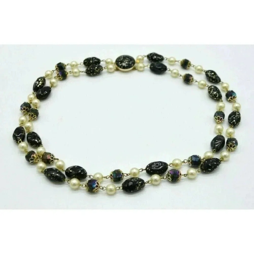 Hong Kong Signed Black Speckled Faux Pearl Bead Beaded Choker Necklace Vintage